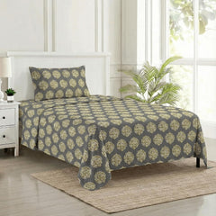Cotton Printed Single Flat Bedsheet With 1 Pillow Cover - 60 X 100 Inches, Grey & Mustard | Breathable & Skin Friendly Bedsheet | Ideal For Year Round Use