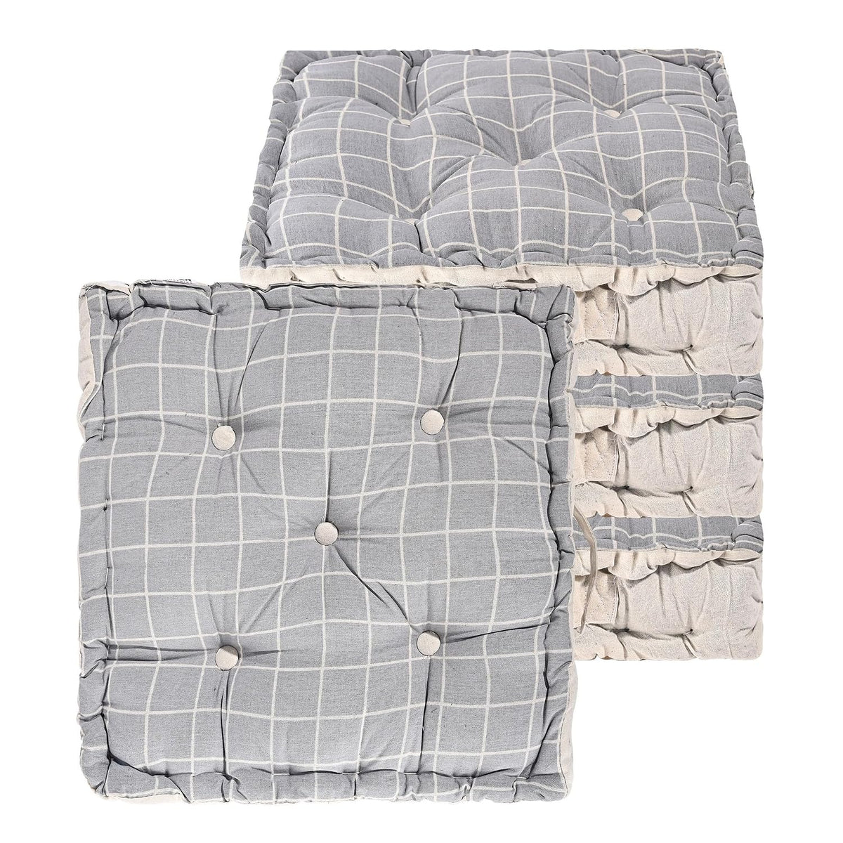 Soft & Comfortable Cotton Chair Cushion Pillow For Sitting, Check Print - Light Grey | Pillow For Office Work & Posture Support | Sitting Cushion & Back Rest For Chair | Pain Relief - Pack Of 4