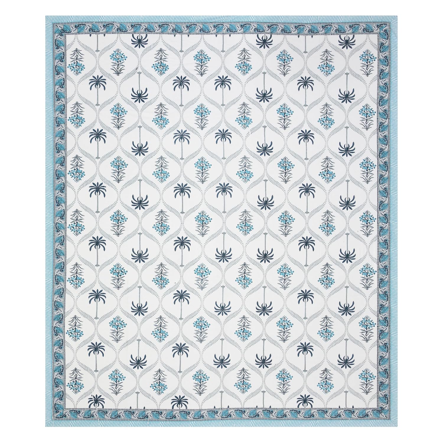 1 Queen Size Bedsheet For Double Bed With 2 Pillow Covers (90 X 108 Inches) White & Sky Blue | Floral Print Designs - Breathable 100% Cotton Bedsheet Comfortable