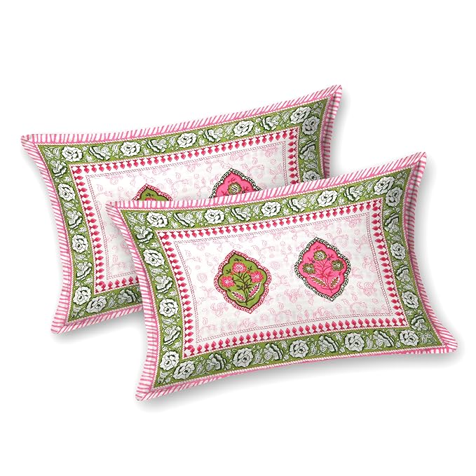 Hand Block Printed Cotton King Size Bedsheet With 2 Pillow Covers, 90 X 108 Inches, White | Good For Villas, Guest Houses, & Daily Home Use