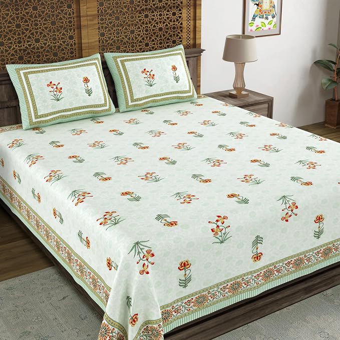 Hand Block Printed Cotton King Size Bedsheet With 2 Pillow Covers, 90 X 108 Inches, White | 200 Thread Count-Good For Villas, Resorts, Guest Houses, & Daily Home Use