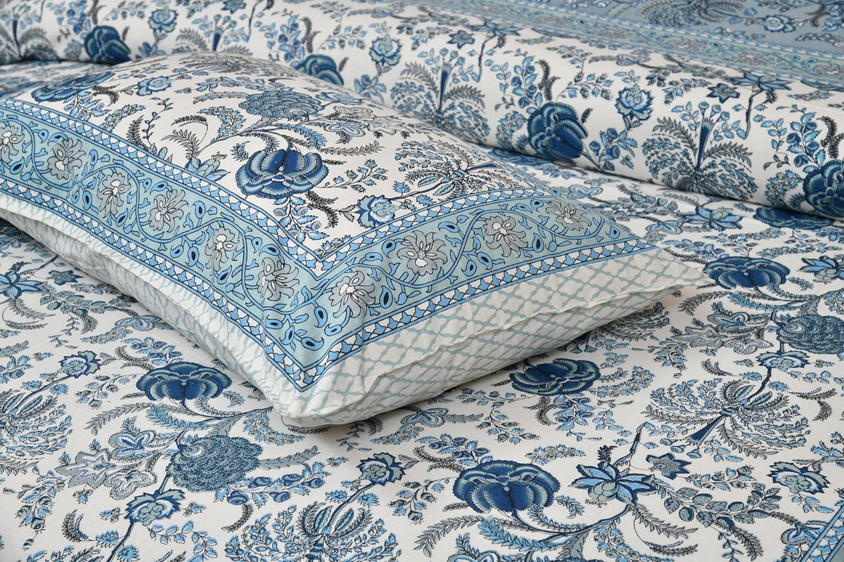 Jaipuri Bedsheet For Double Bed With 2 Pillow Covers - 90 X 108 Inches, Beige & Blue | Pure Cotton Bedsheet King Size Bed | Soft & Breathable Fabric