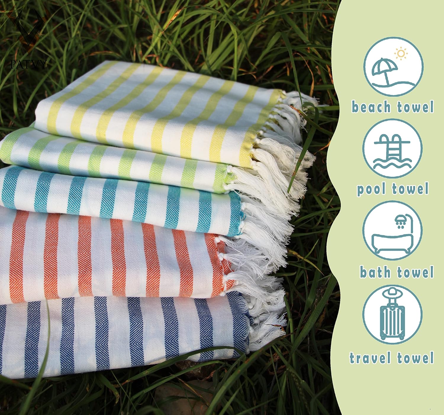 Patvy Bath Towels 490 Gsm | Light Weight Turkish Style Stripe Bath Towels For Men & Women Large Size (Teal Blue & Green)- Pack Of 2