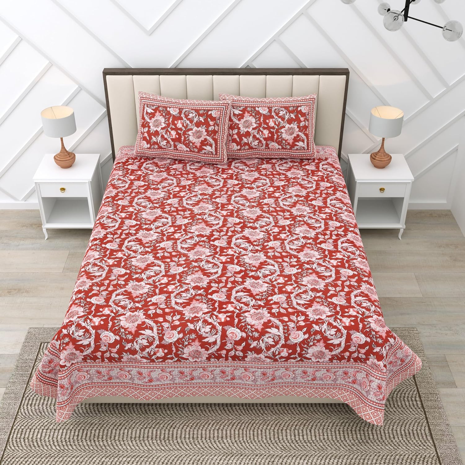 King Size Bedsheet With 2 Pillow Cover - 90 X 108 Inches, Red & White | Light Weight & Easy To Wash At Home | Resistant For An All-Season Use