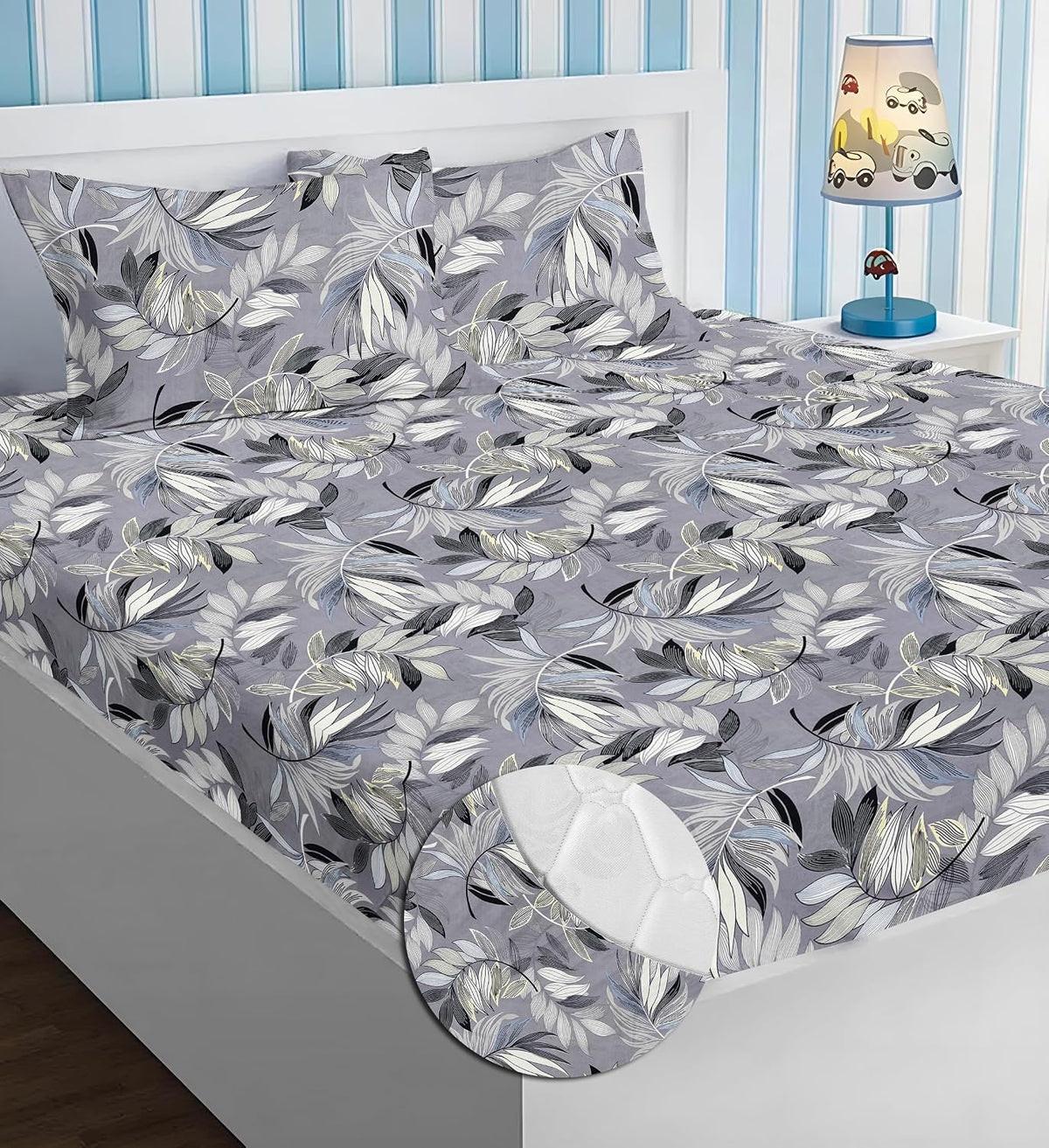 Microfiber All Round Elastic Fitted Bedsheets For Double Bed With 2 King Size Pillow Covers | 72x78+8 Inches, Grey & Black - Premium Brushed Microfiber Bedsheet, Breathable & Long Lasting