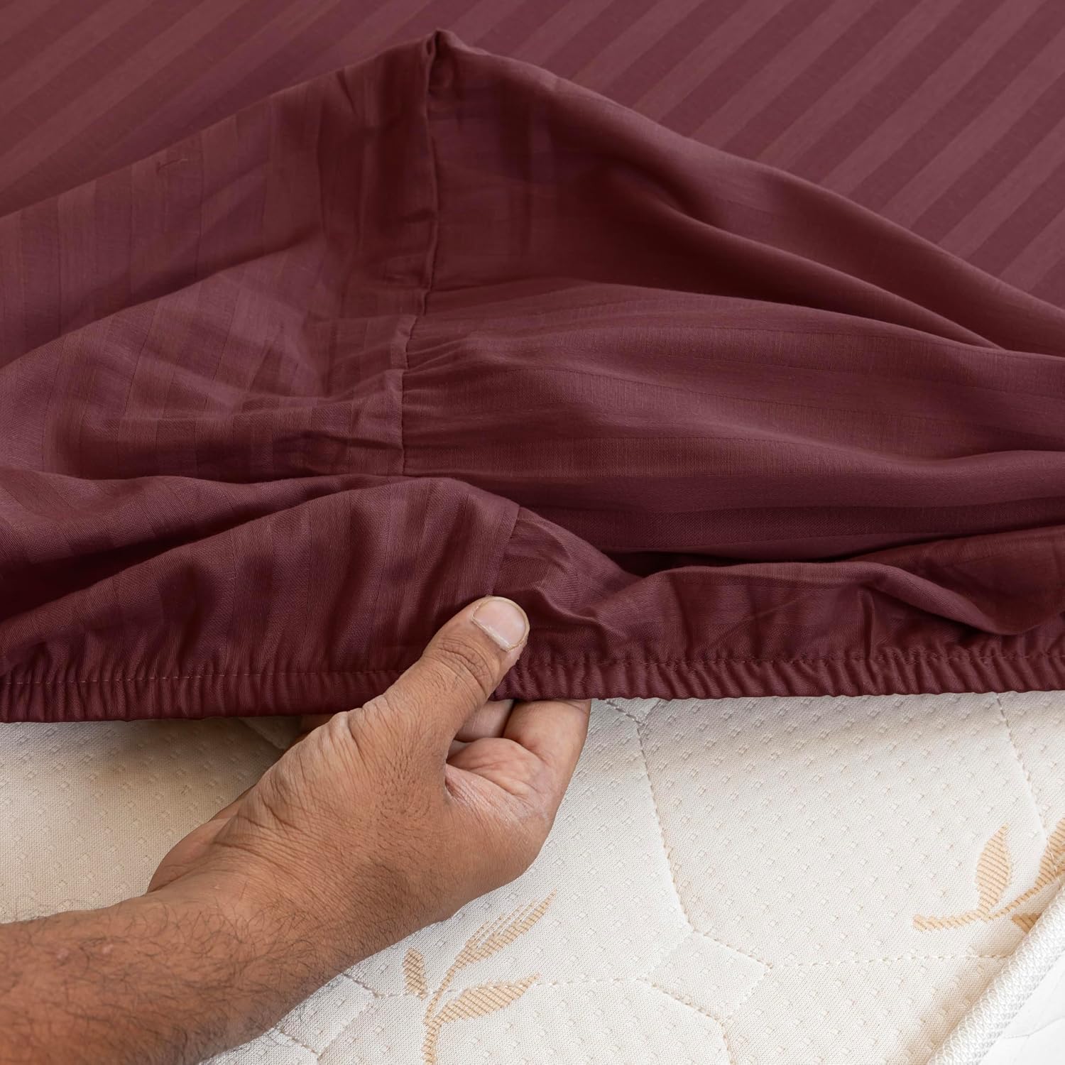 210 TC Cotton Double Bed Fitted Bedsheets With 2 Pillow Cases - 78 X 72 Inches, Maroon | Satin Stripes Wrinkle Free | Comfortable Fabric Bedsheet