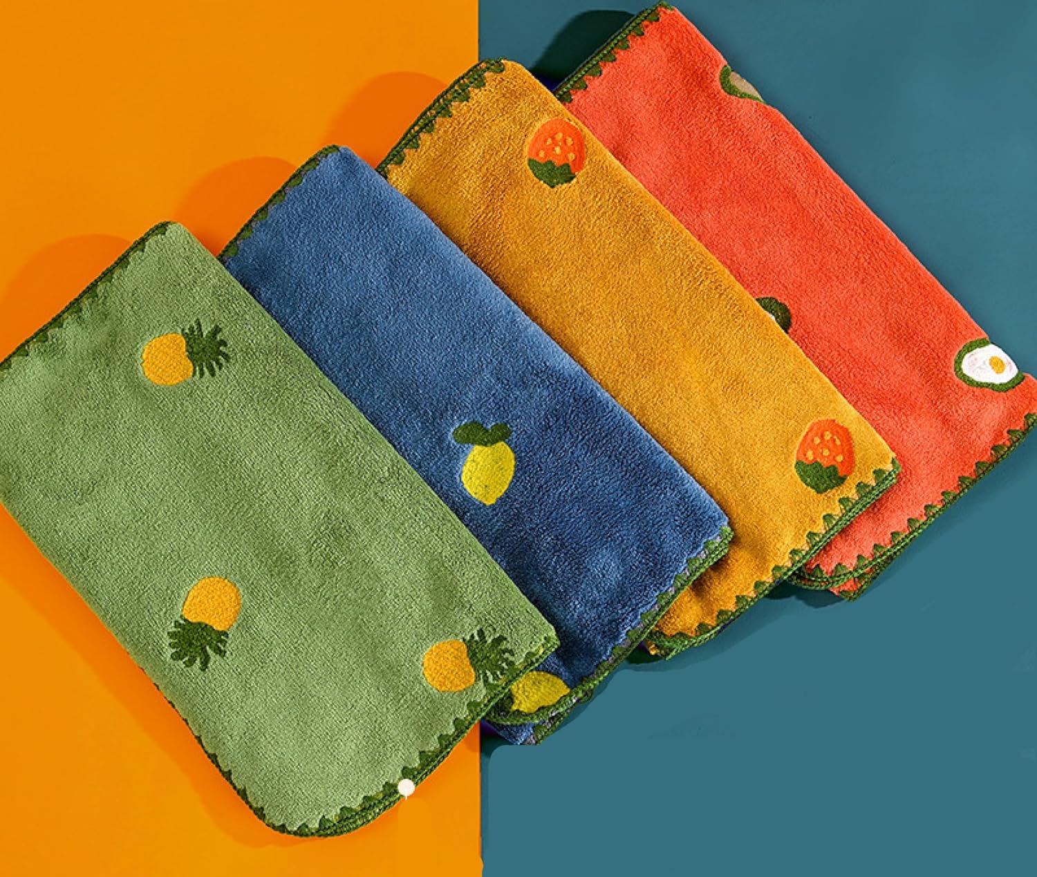 Cluze Microfiber Contemporary Style Hand Towel 800 Gsm | Fruit Embroidery Low Linting Knit Fabric Oblong Towel For Bathroom & Kitchen (Set Of 4) -Multicolor