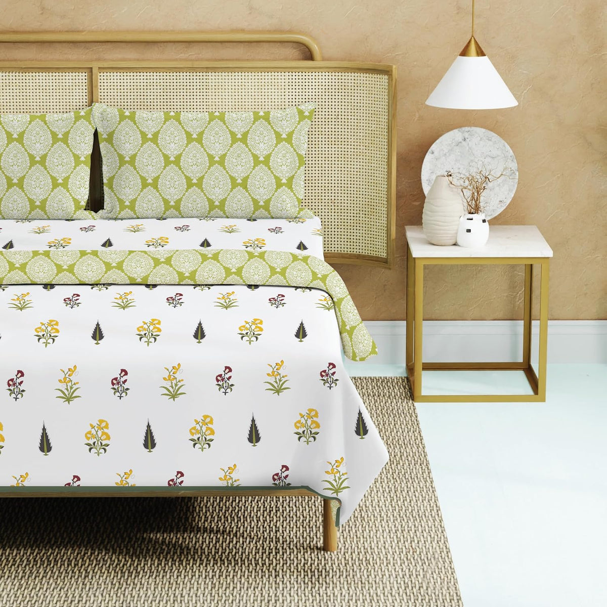 Bedding Set Blanket With 1 Cotton Double Bedsheet - 2 Pillow Covers | 88 X 100 Inches, White & Green - Breathable, Lightweight, Reversible, Skin Friendly, Wrinkle Resistant