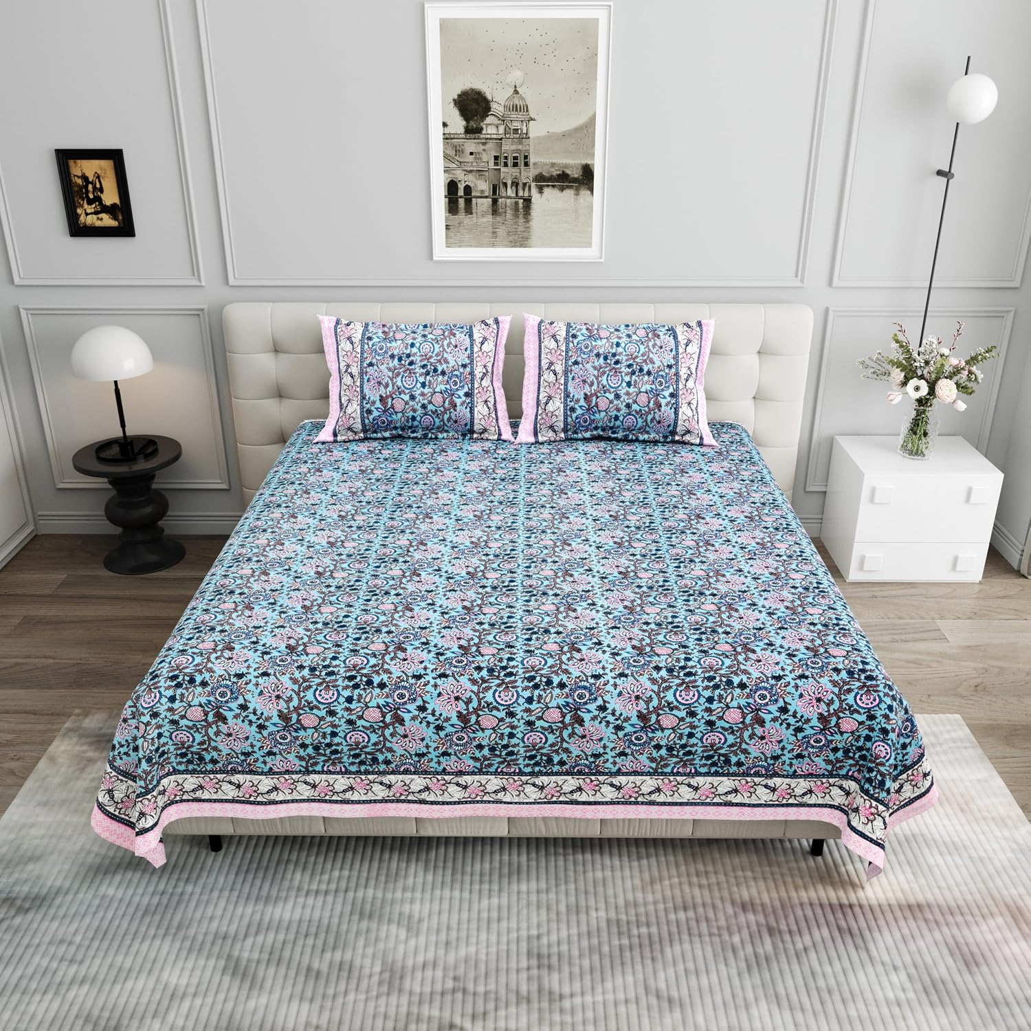 Pure Cotton King Size Bedsheet 2 Matching Pillow Covers | 100x108 Inches, Multicolor | Traditional Jaipuri Printed Bedsheet | Ideal Wedding Gift, Housewarming, Special Occasion Surprise