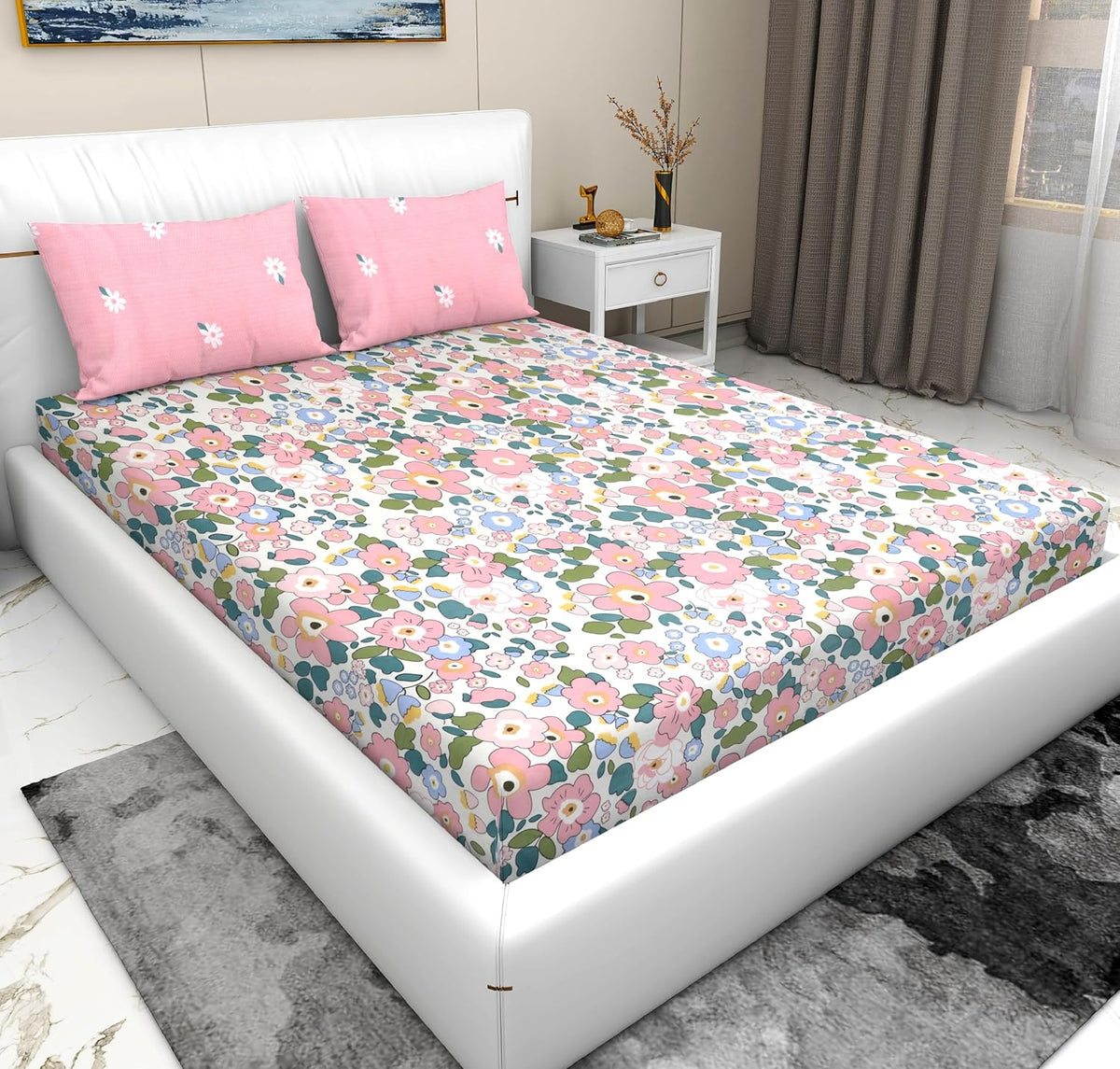Elastic Fitted Bedsheets For King Size Bed With 2 Pillow Covers - 72 X 78 X 8 Inches, Cream & Pink | Ideal For Hotel, House, Guest House