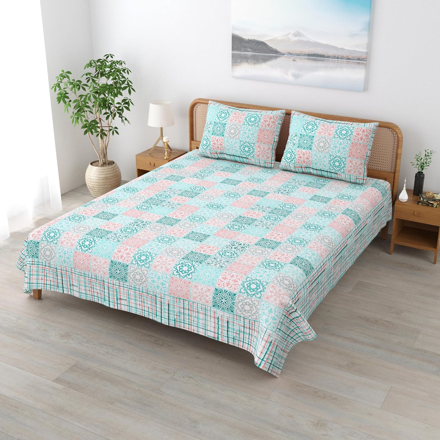 Sanskriti Bedsheet For Double Bed King Size With 2 Pillow Cover - 90 X 108 Inches, Green & Pink | Soft, Durable & Stylish | Breathable & Skin-Friendly
