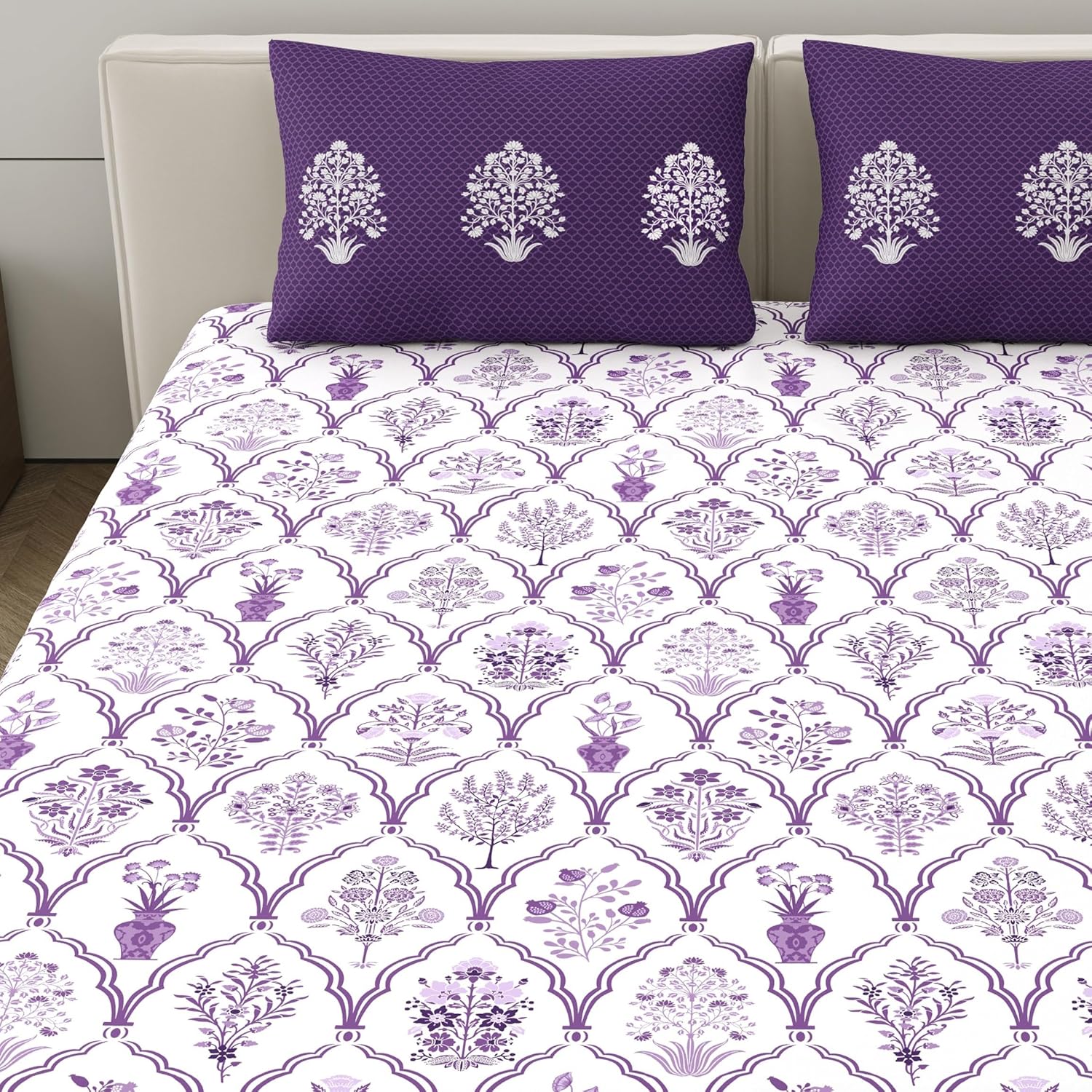 100% Cotton Double Bedsheet With 2 Pillow Covers - Size - 87 X 94 Inches, White & Purple | Breathable Fabric & Skin Friendly | Comfortable Night Sleep