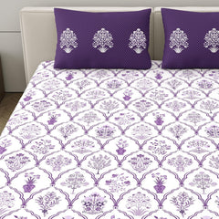 100% Cotton Double Bedsheet With 2 Pillow Covers - Size - 87 X 94 Inches, White & Purple | Breathable Fabric & Skin Friendly | Comfortable Night Sleep