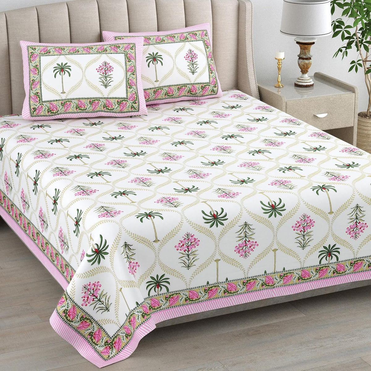 1 Queen Size Bedsheet For Double Bed With 2 Pillow Covers (90 X 108 Inches) Pink & Green | Premium Cotton Material - Ideal For House, Hotel, Guest House