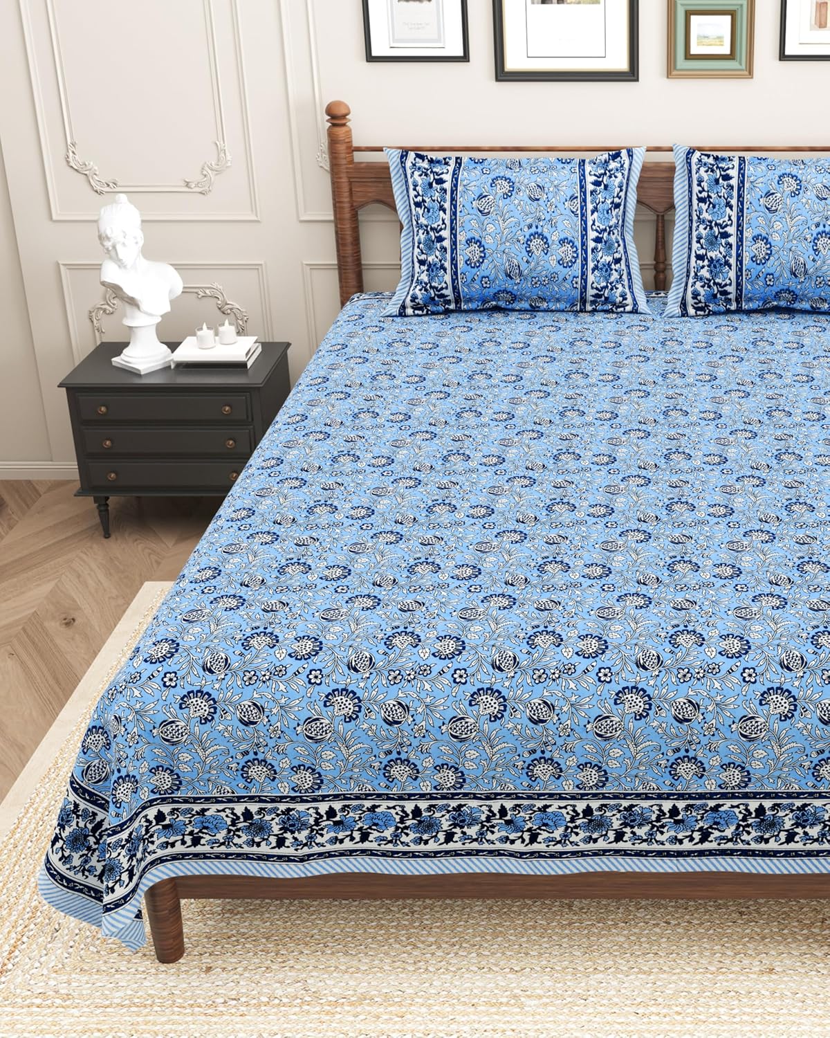 Pure Cotton King Size Bedsheet 2 Matching Pillow Covers | 100x108 Inches, Dark Blue | Traditional Jaipuri Printed Bedsheet | Ideal Wedding Gift, Housewarming, Special Occasion Surprise