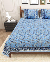 Pure Cotton King Size Bedsheet 2 Matching Pillow Covers | 100x108 Inches, Dark Blue | Traditional Jaipuri Printed Bedsheet | Ideal Wedding Gift, Housewarming, Special Occasion Surprise