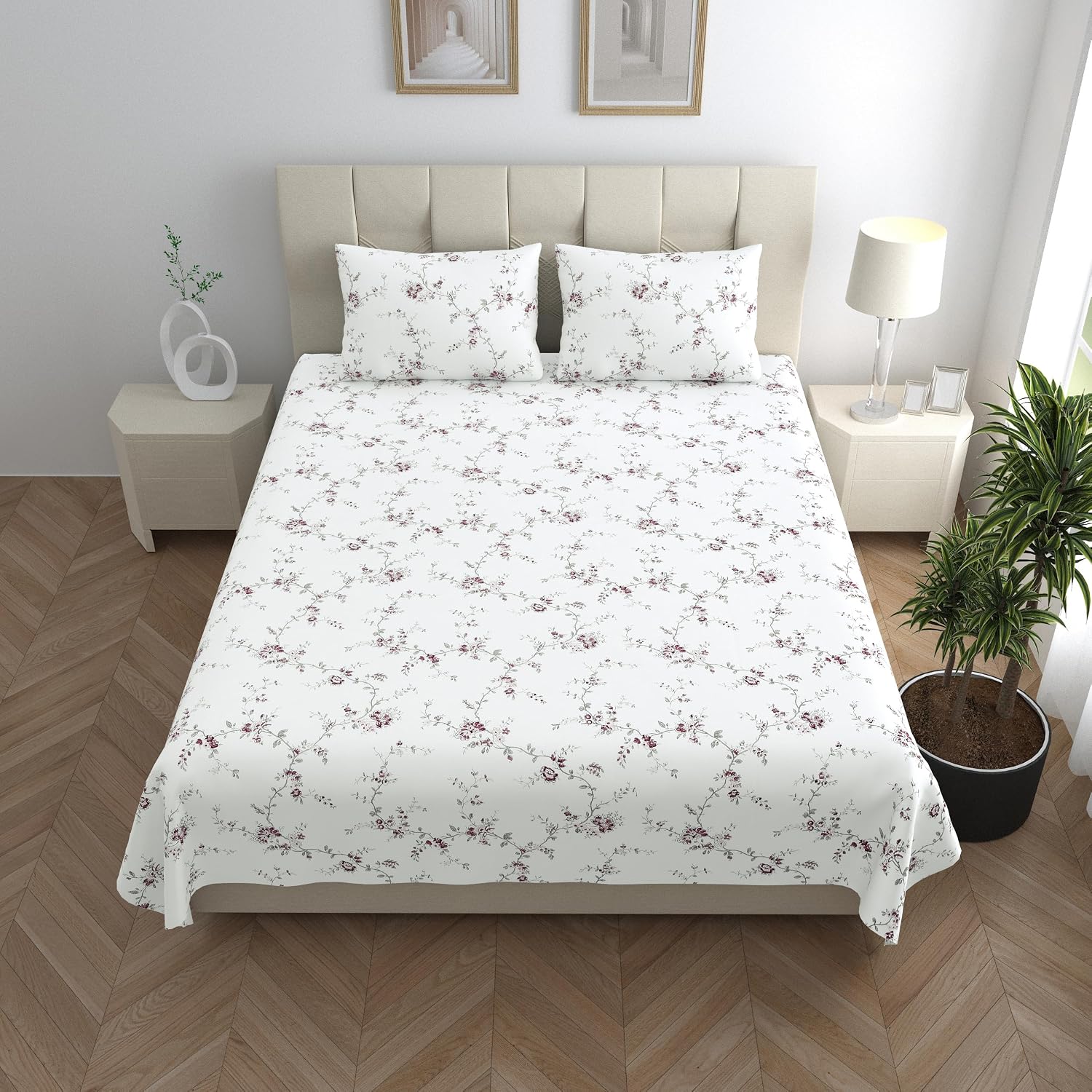 Floral Printed Double Bedsheet With 2 Pillow Covers - 90 X 100 Inches, White & Vineyard | Offering Superior Softness, Smoothness & Breathability For A Cozy, Luxurious Sleep Experience