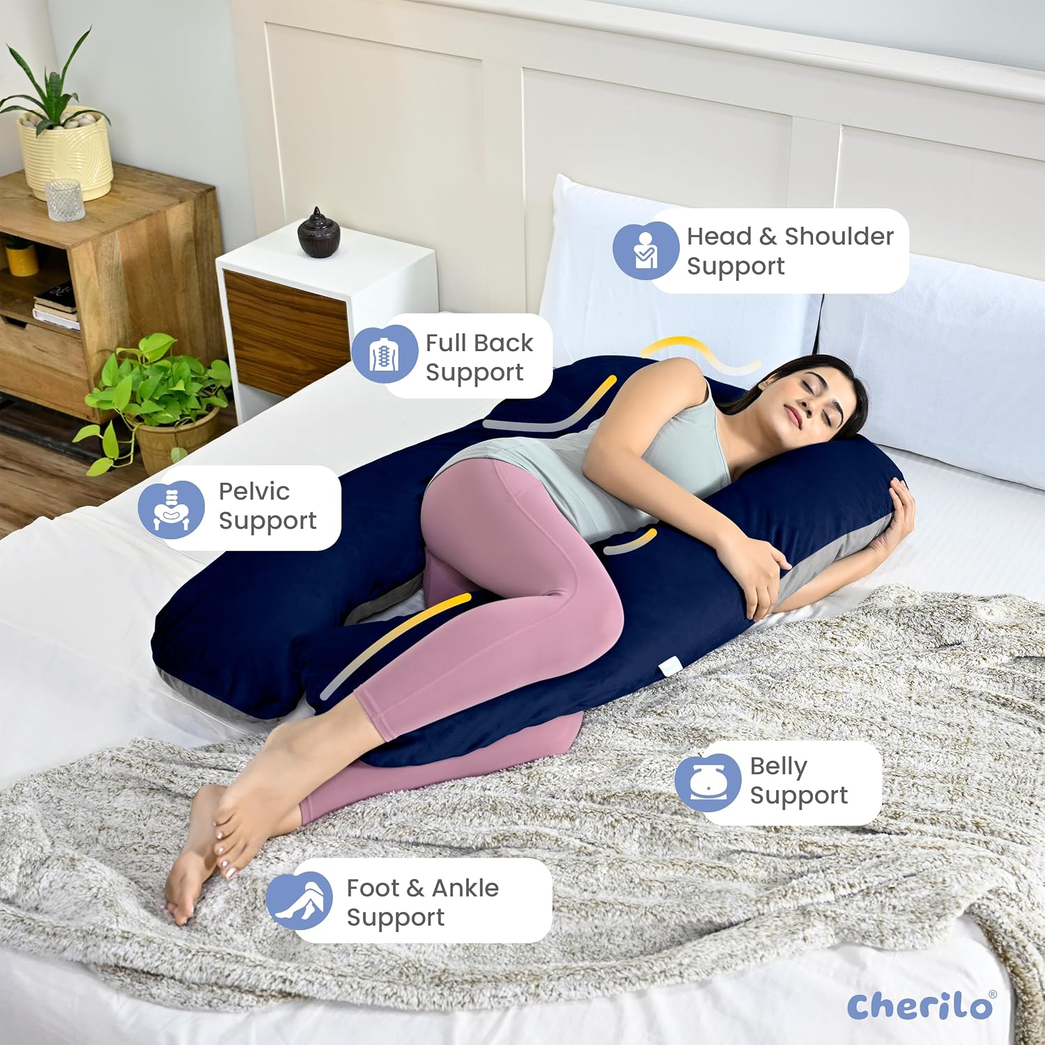U Shaped Pregnancy Pillow For Pregnant Women & Nursing Mom, Grey & Navy Blue | Full Body Support, Single Pillow For Multipurpose Use, During Maternity | Premium Velvet Outer Cover With Zip