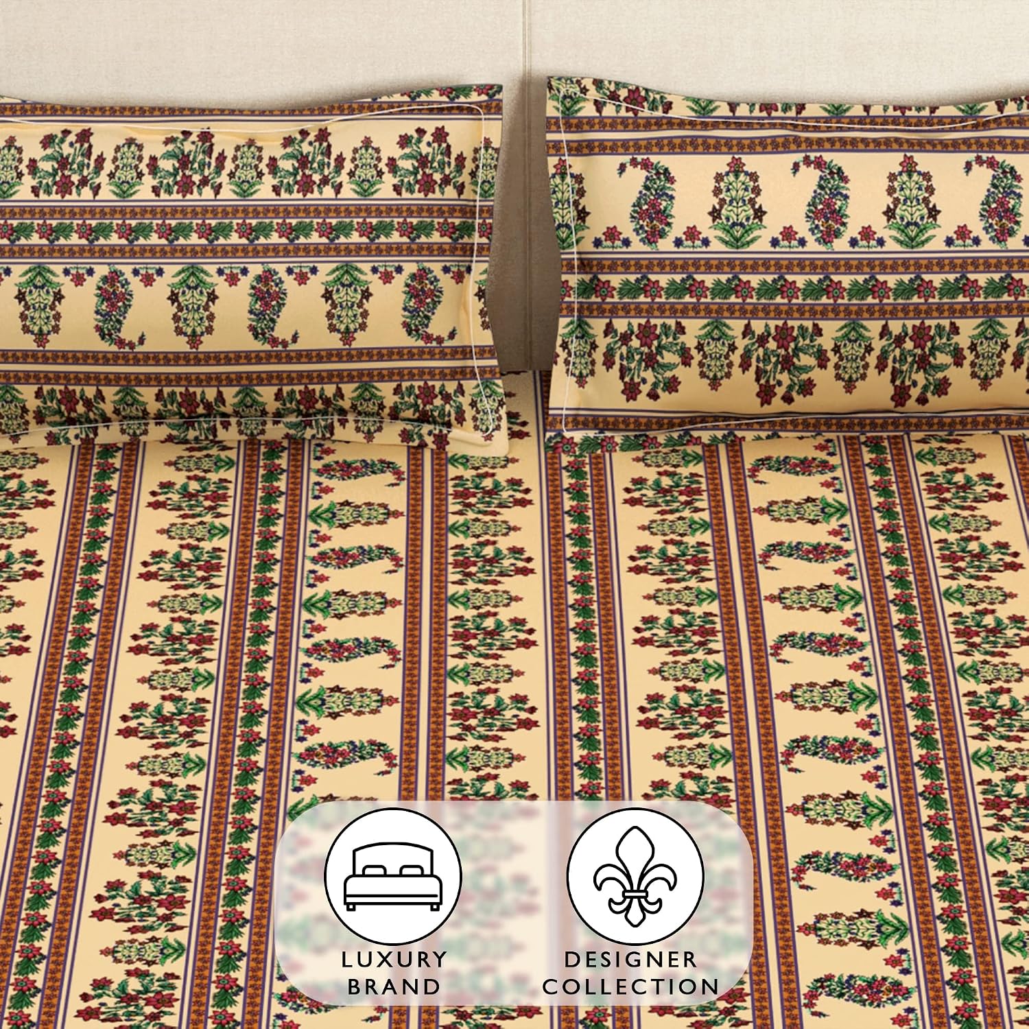 Elastic Fitted Queen Size Bedsheet With 2 King Size Pillow Covers - 71 X 77 Inches, Beige & Green | Ideal For House, Hotel, Guest Room