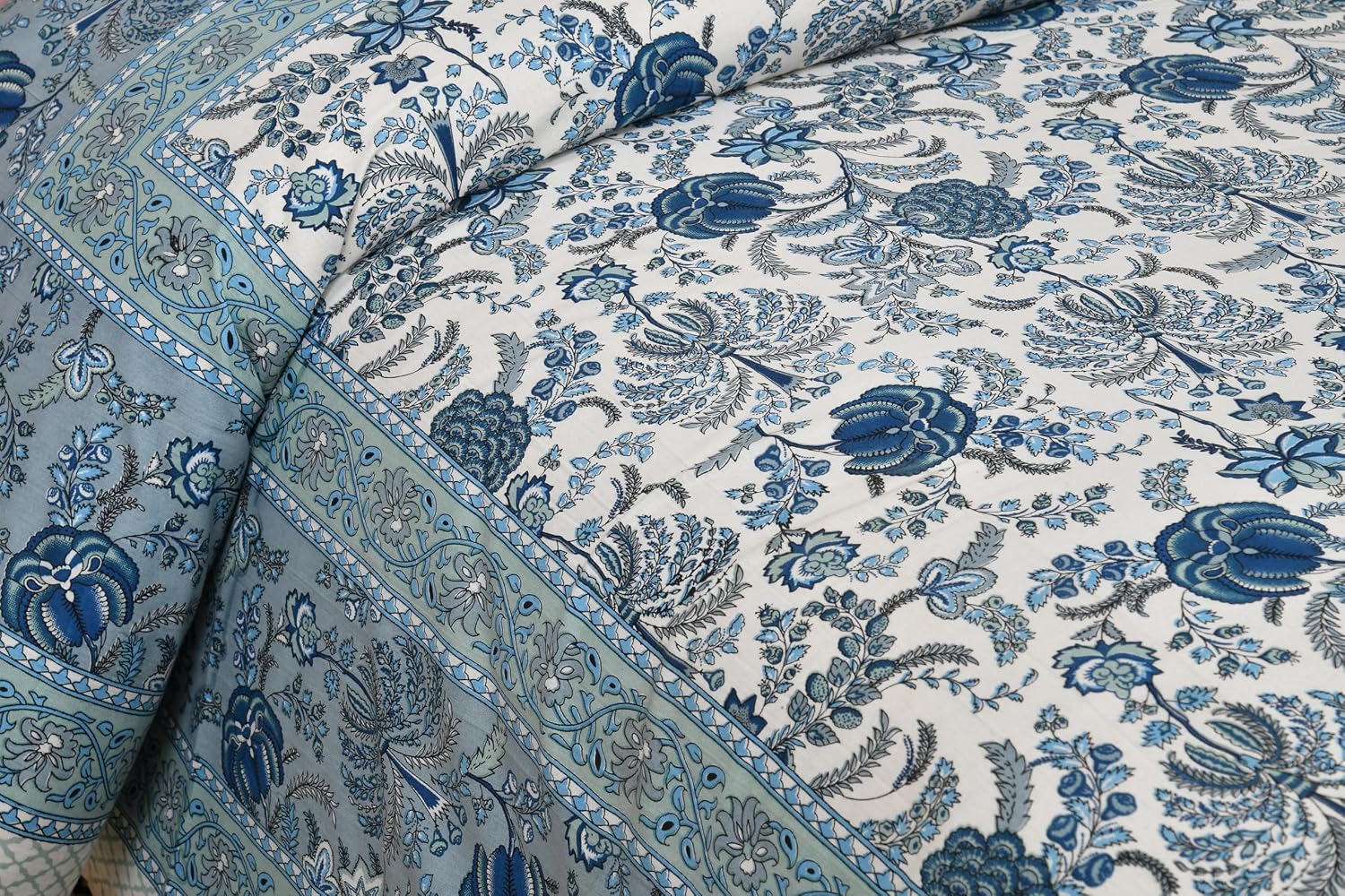 1 Queen Size Bedsheet For Double Bed With 2 Pillow Covers (90 X 108 Inches) Cream & Blue | Floral Print Designs - Breathable 100% Cotton Bedsheet Comfortable