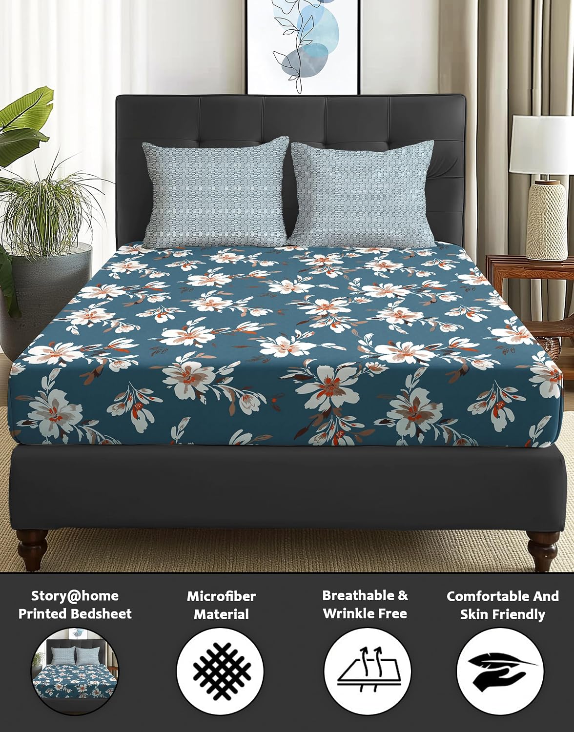 1 Piece Microfiber Bedsheet For Double Bed With 2 Pillow Covers - 88 X 98 Inches, Multicolor | Cotton Bedsheet, Breathable & Wrinkle Free