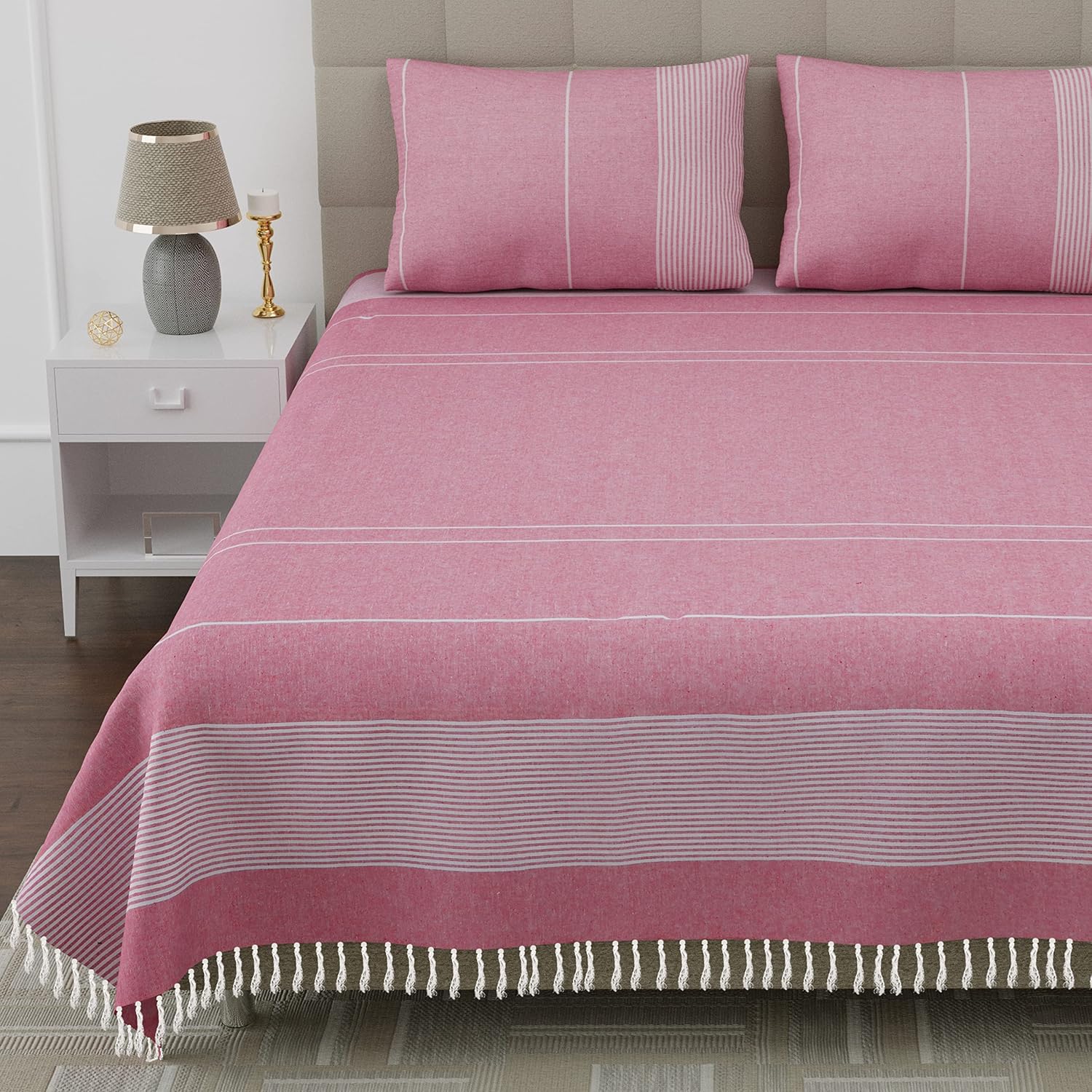 100% Cotton Double Bedsheet With Two Pillow Cover - Queen Size 90 X 100 Inches, Pink | Handloom Cotton Bedsheets For Double Bed | All Season Comfort