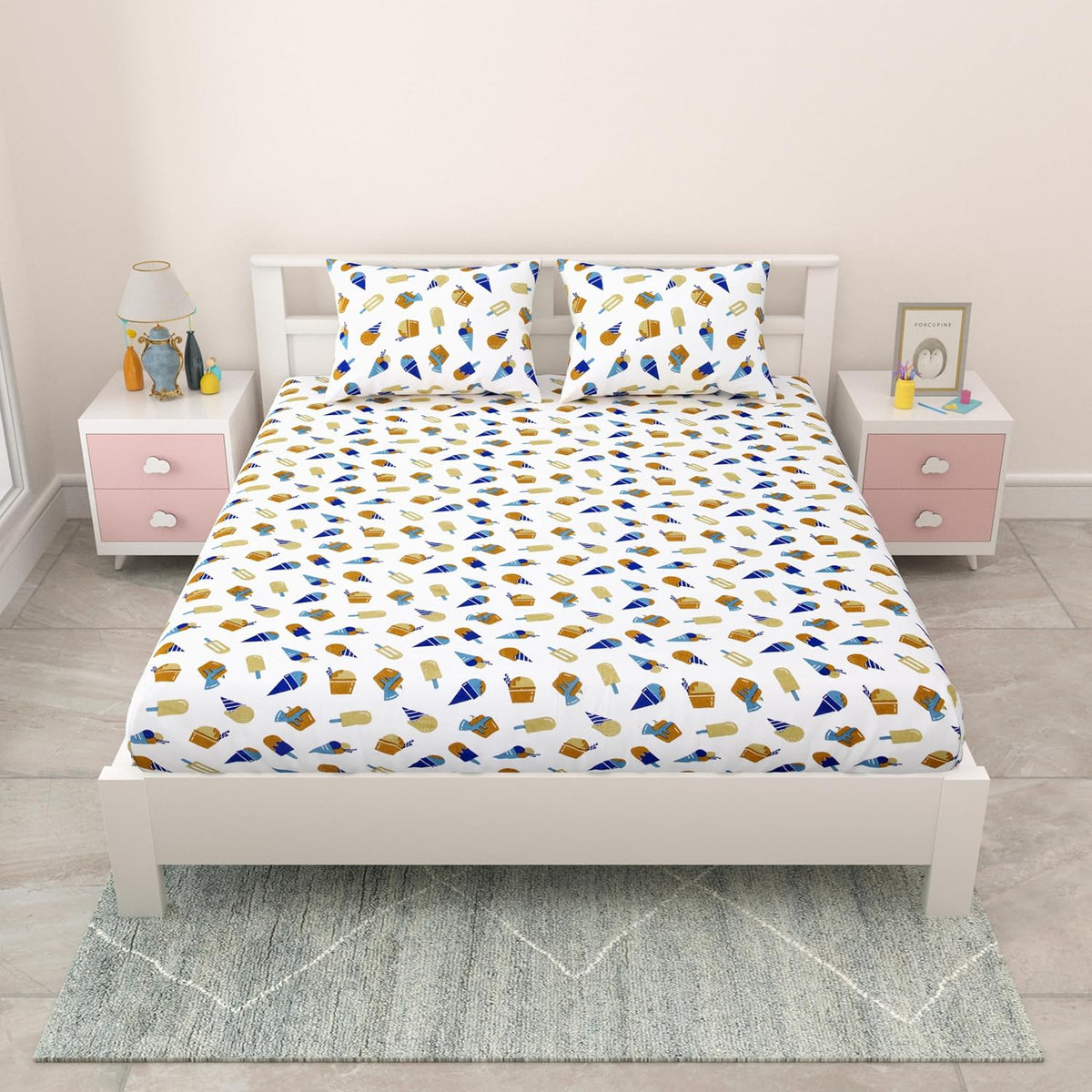 Pure Cotton Kids Bedsheet Double Bed Queen Size With 2 Pillow Covers | 90 X 100 Inches, White | Fun Cartoon Theme, Soft & Breathable Fabric