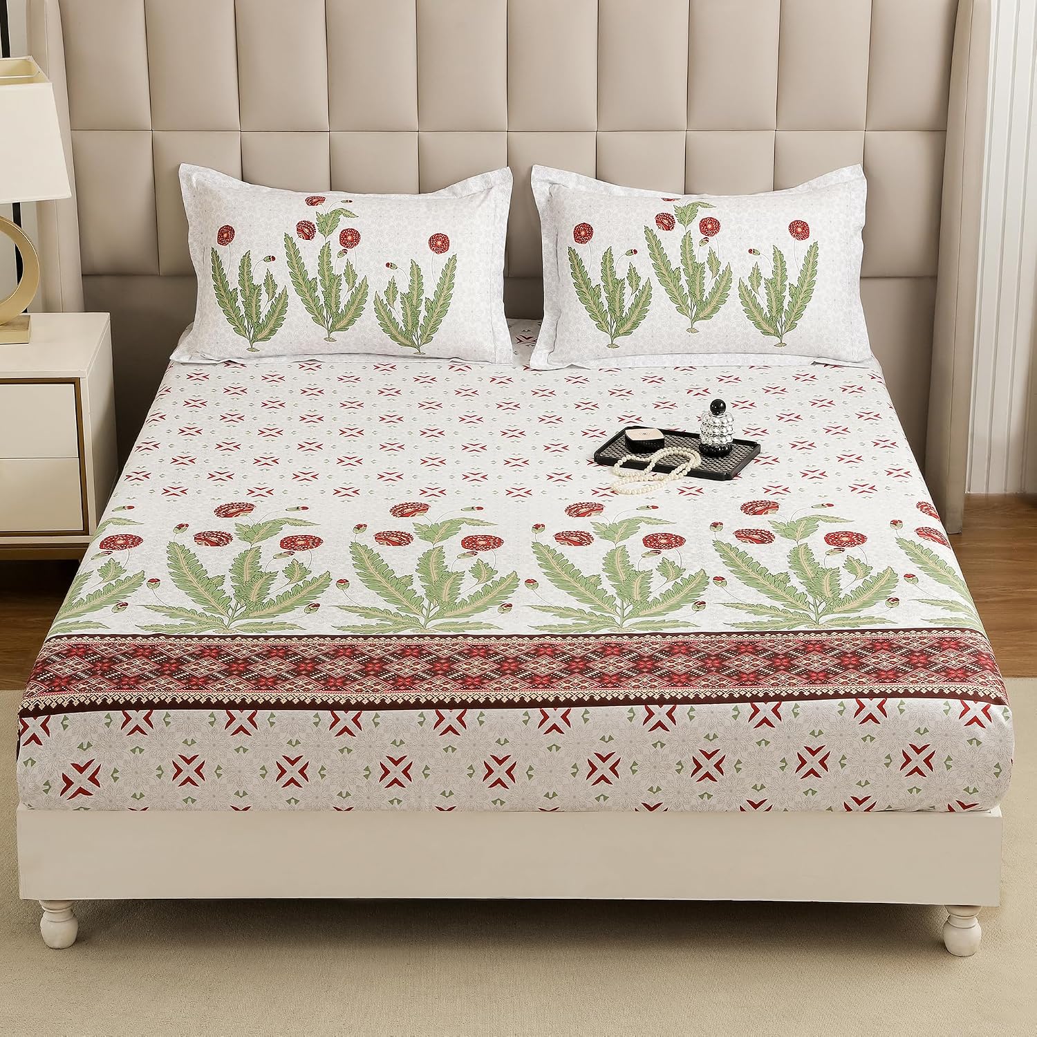 1 Piece Cotton Bedsheet For King Size With 1 Pillow Cover - 108 X 108 Inches, White & Green | Soft & Durable For Everyday Use & Bedroom - All Season Comfort