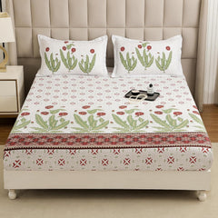 1 Piece Cotton Bedsheet For King Size With 1 Pillow Cover - 108 X 108 Inches, White & Green | Soft & Durable For Everyday Use & Bedroom - All Season Comfort