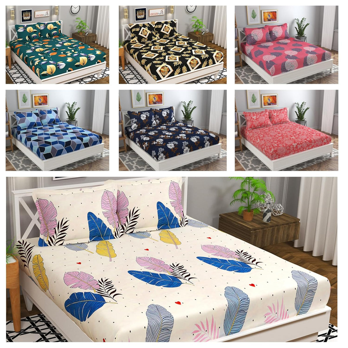 Printed Microfiber 7 Double Bedsheets Combo With 14 Pillow Covers - 90 X 90 Inches, Multicolor | 144 Thread Count Breathable & Wrinkle Free - Light Weight & Easy To Wash At Home | Pack Of 7