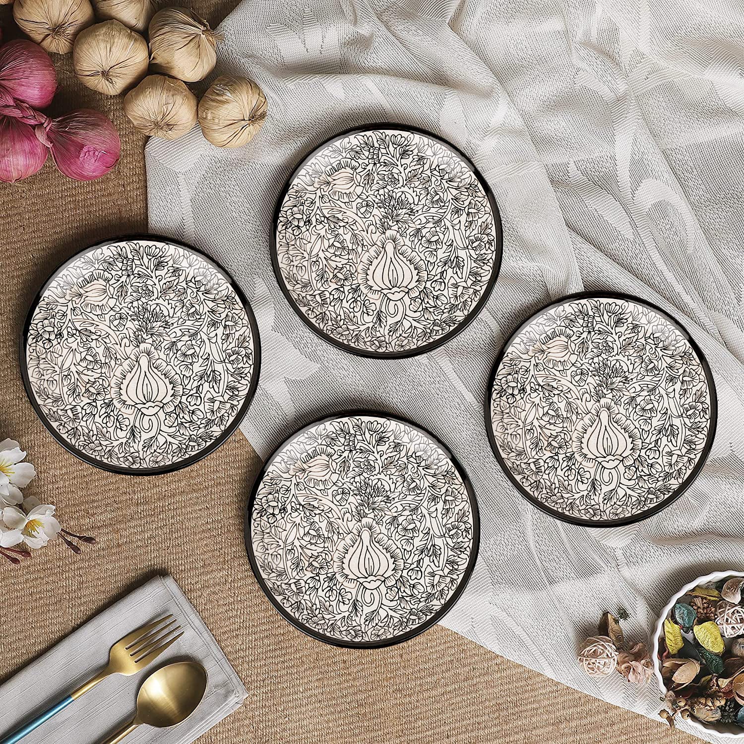 Hand Painted Ceramic Dinner Serving Plates Set Of 4 - Off White & Black, 25 Cm | Full Plates - Ceramic Platter - Kalamkari Collection