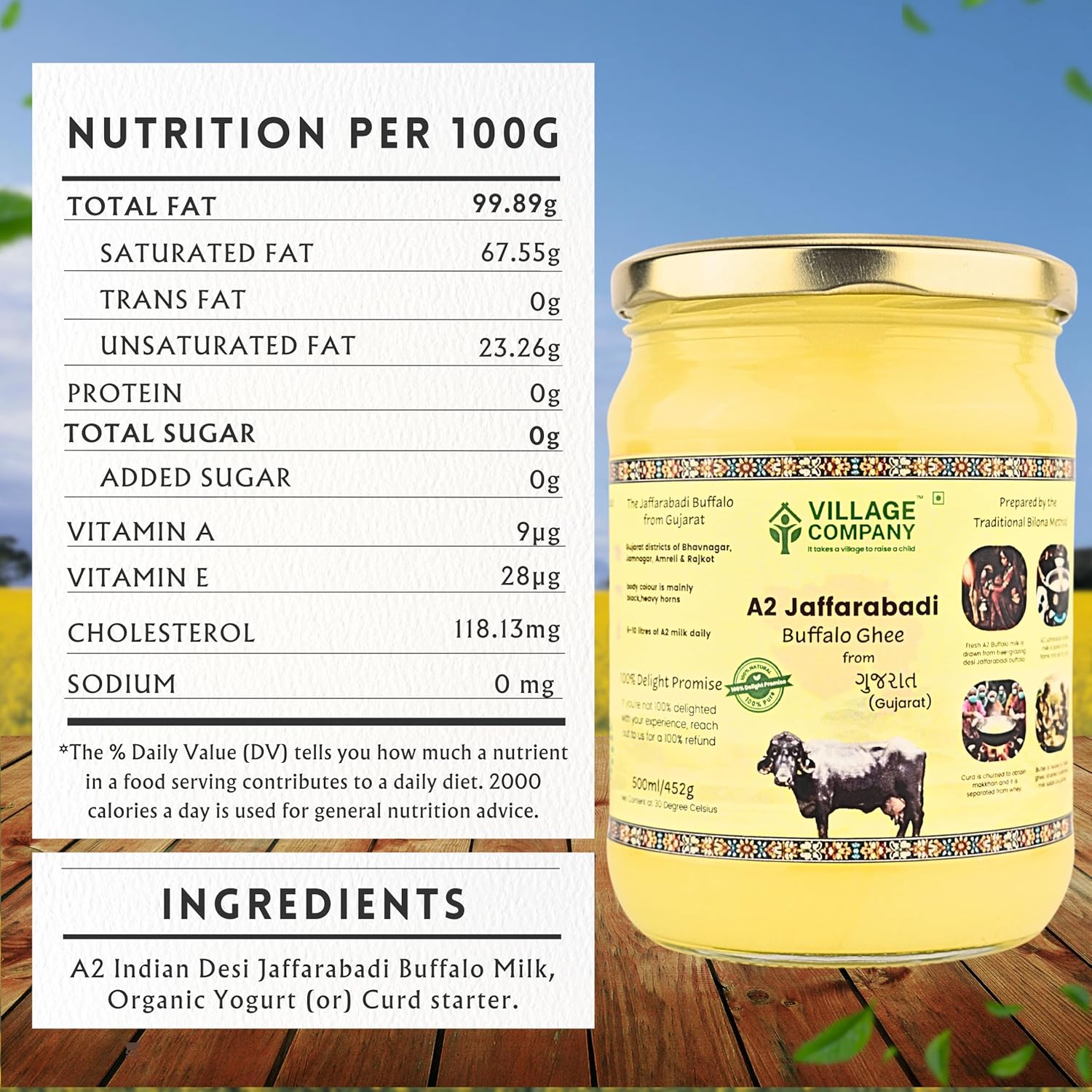 Premium A2 Jaffarabadi Buffalo Ghee By Village Company | Rich In Nutrients Calcium & Iron Pure Healthy Desi Cow Ghee For Heart Health | (500ml) 16.9 Ounce | Jar Pack
