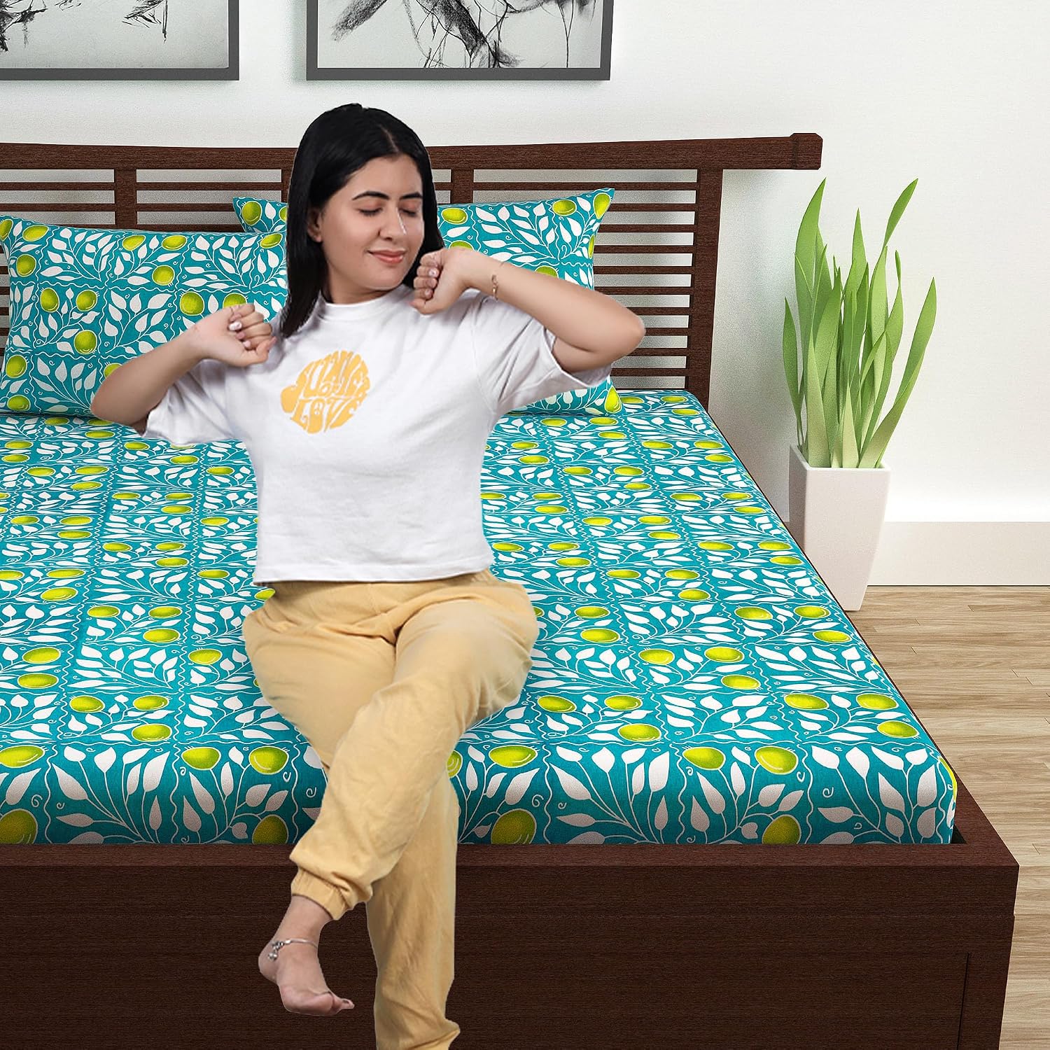 Single Bedsheet With 1 Pillow Cover - 57 X 87 Inches, Teal & Yellow | Designer Printed Bedsheet Set - Naturally Soft, Breathable & Skin Friendly