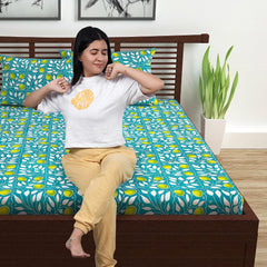 Single Bedsheet With 1 Pillow Cover - 57 X 87 Inches, Teal & Yellow | Designer Printed Bedsheet Set - Naturally Soft, Breathable & Skin Friendly