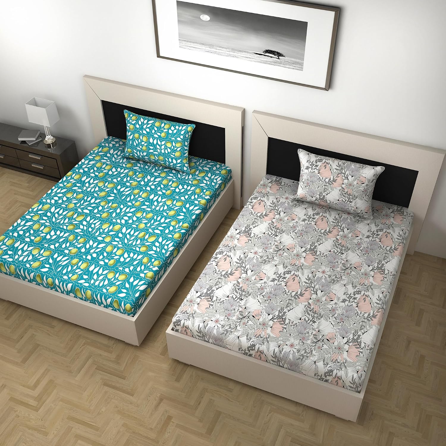 Combo 2 Single Bedsheet With 2 Pillow Cover - 57 X 87 Inches, Green & Grey | 144 Thread Count Lightweight, Soft, Skin Friendly - Durable Bedsheets For Everyday Comfort