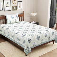 Cotton Single Bedsheet For Single Bed With 1 Pillow Cover - 60 X 90 Inches, White & Blue | 240 Thread Count - Breathable & Lightweight | Perfect For All-Season Use