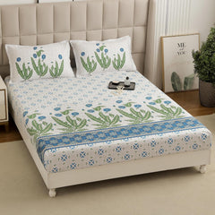 1 Piece Cotton Bedsheet For King Size With 1 Pillow Cover - 108 X 108 Inches, White & Sky Blue | Soft & Durable For Everyday Use & Bedroom - All Season Comfort