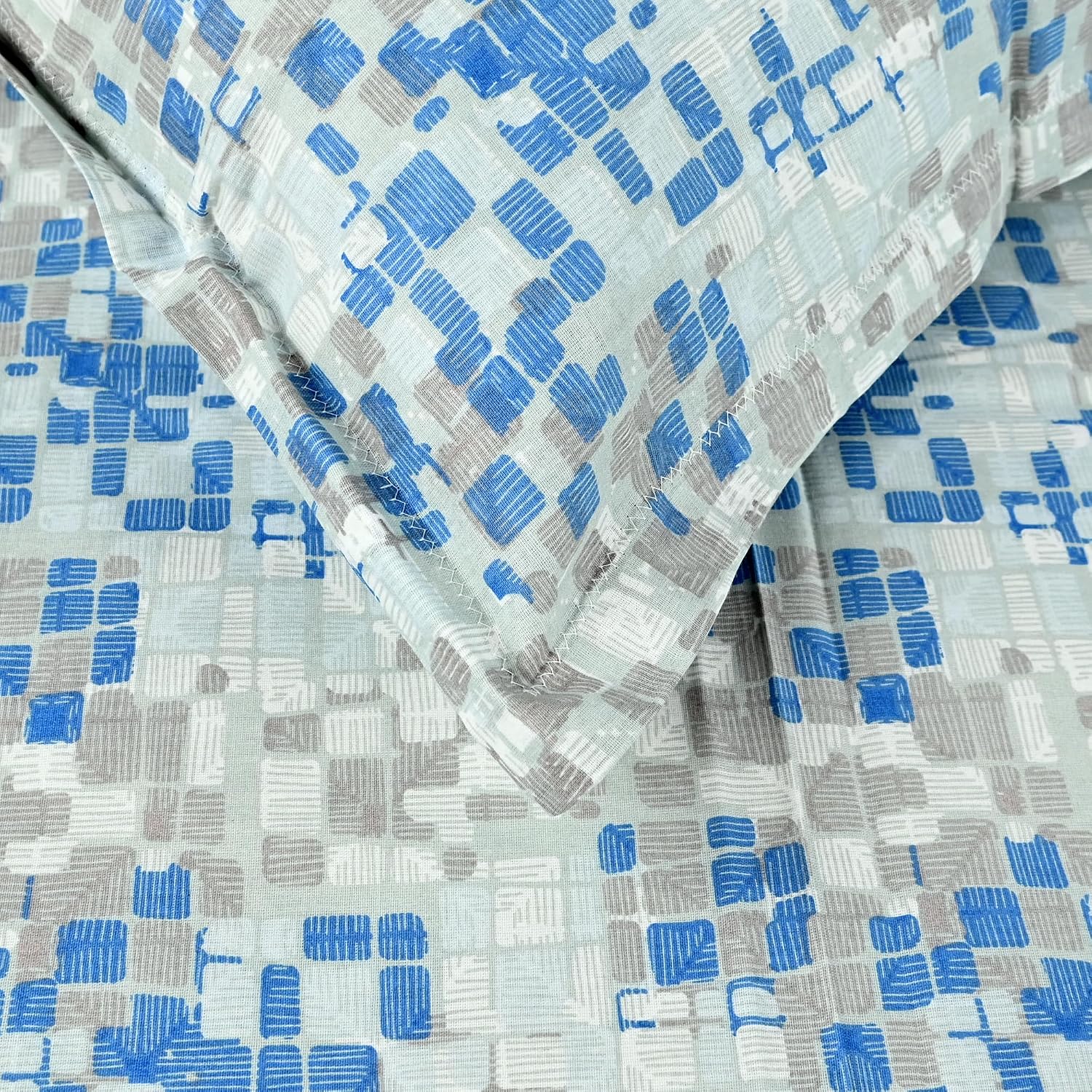 100% Pure Cotton Double Bedsheet For Queen With 2 Pillow Covers - 87 X 100 Inches, Grey & Blue | Soft & Durable For Everyday Use & Bedroom - All Season Comfort