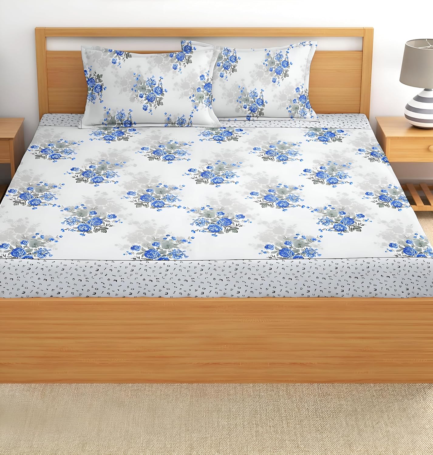 Printed King Size Bedsheet With 2 Matching Pillow Covers - 90 X 90 Inches, Grey & Blue | Durable & Long-Lasting | Naturally Soft, Breathable, & Skin-Friendly