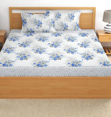 Printed King Size Bedsheet With 2 Matching Pillow Covers - 90 X 90 Inches, Grey & Blue | Durable & Long-Lasting | Naturally Soft, Breathable, & Skin-Friendly