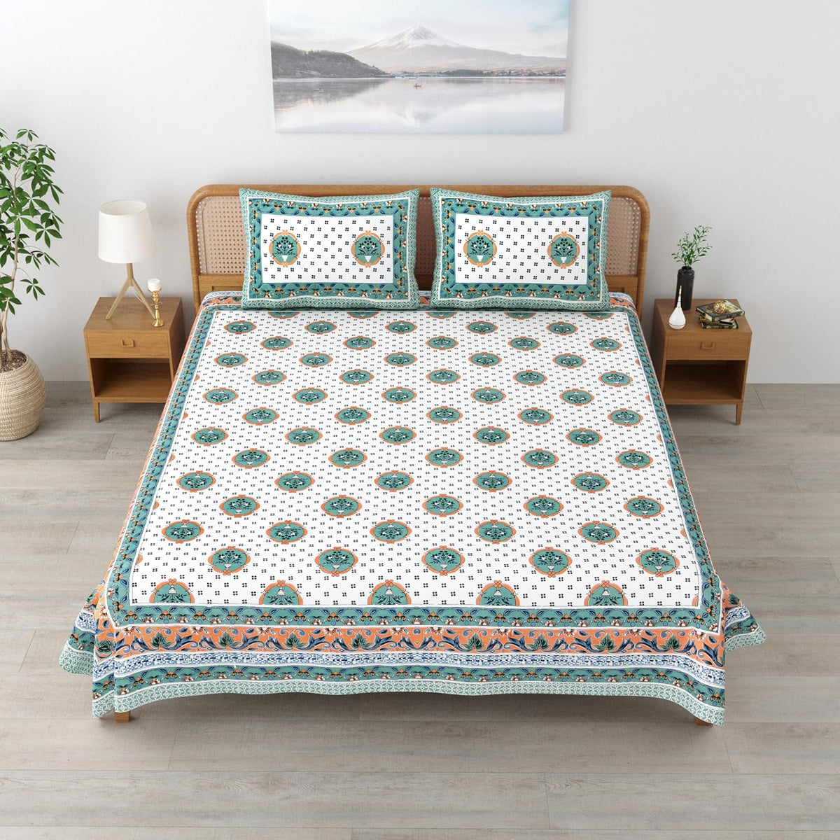 Sanskriti Bedsheet For Double Bed King Size With 2 Pillow Cover - 90 X 108 Inches, Green & White | Soft, Durable & Stylish | Breathable & Skin-Friendly