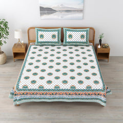 Sanskriti Bedsheet For Double Bed King Size With 2 Pillow Cover - 90 X 108 Inches, Green & White | Soft, Durable & Stylish | Breathable & Skin-Friendly