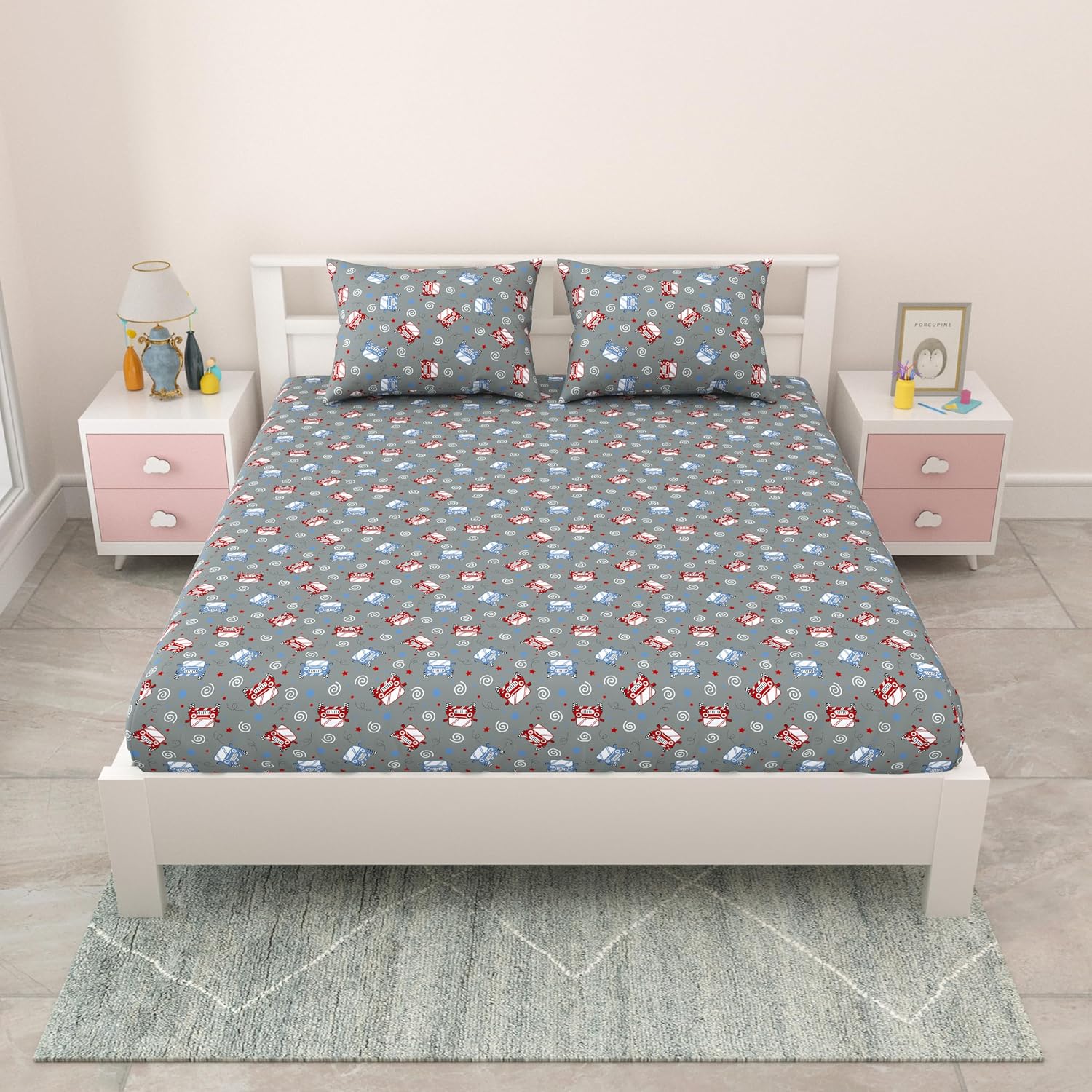 Pure Cotton Kids Bedsheet Double Bed Queen Size With 2 Pillow Covers | 90 X 100 Inches, Grey & Red | Fun Cartoon Theme, Soft & Breathable Fabric