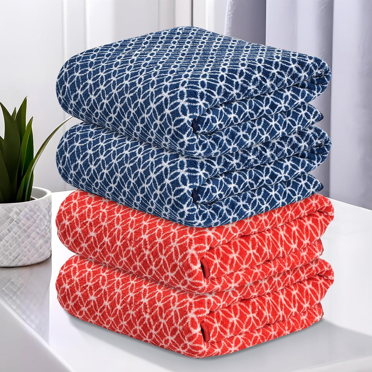 Heart Home Microfibre Bath Towel 1120 Gsm | Quick Dry Absorbent Gym Sweat Workout & Shower Body Towel - Red & Blue (4 Pcs)