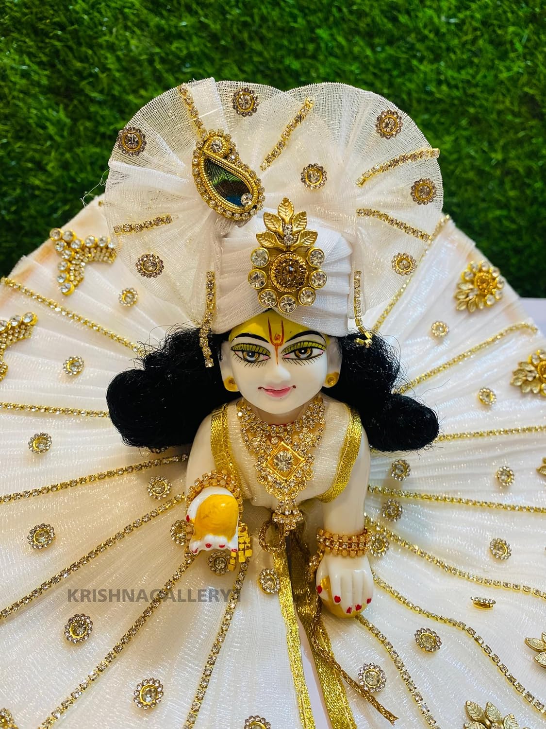 Laddu Gopal Kanha Ji Statue, Bal Gopal Ji Murti, Marble, White, Idol - Size No.6, Full Ready Shringar, Heavy Fancy Dress Combo Set - For Gifted Piece Home, Temple, Pooja, Office & Etc