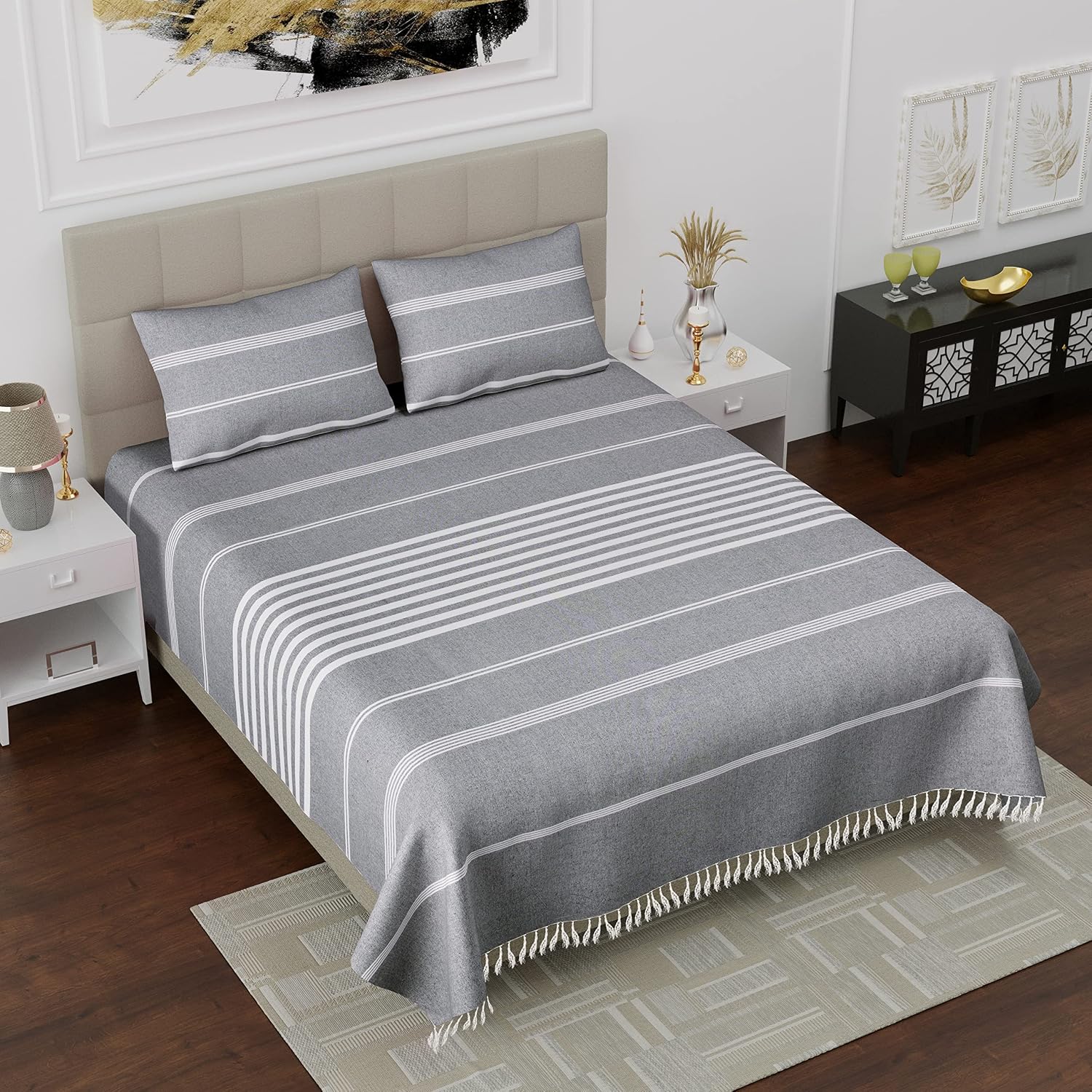 100% Cotton Double Bedsheet With Two Pillow Cover - Queen Size 90 X 100 Inches, Grey | Handloom Cotton Bedsheets For Double Bed | All Season Comfort