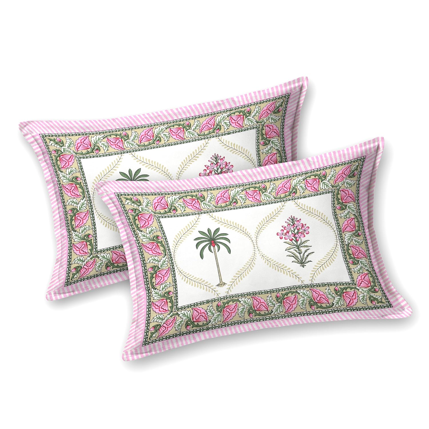 1 Queen Size Bedsheet For Double Bed With 2 Pillow Covers (90 X 108 Inches) White & Pink | Premium Cotton Material - Ideal For House, Hotel, Guest House