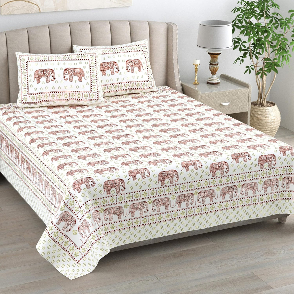 Jaipuri Cotton Double Bedsheet For Queen Size With 2 Pillow Cover (95 X 108 Inches) White & Red | Premium Cotton Material - Ideal For House, Hotel, Guest House
