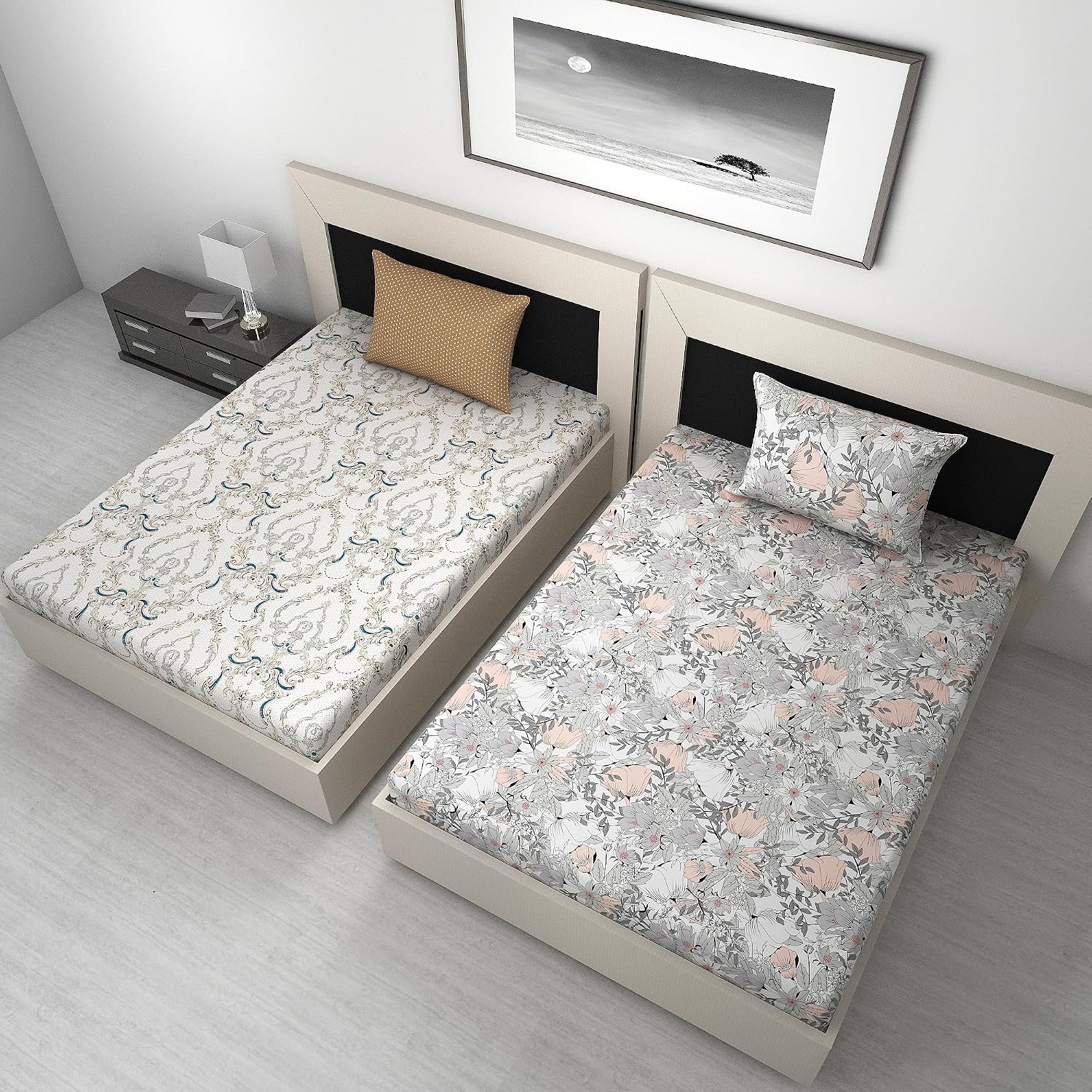 Combo 2 Single Bedsheet With 2 Pillow Cover - 57 X 87 Inches, White & Grey | 144 Thread Count Lightweight, Soft, Skin Friendly - Durable Bedsheets For Everyday Comfort