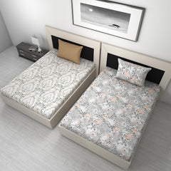 Combo 2 Single Bedsheet With 2 Pillow Cover - 57 X 87 Inches, White & Grey | 144 Thread Count Lightweight, Soft, Skin Friendly - Durable Bedsheets For Everyday Comfort